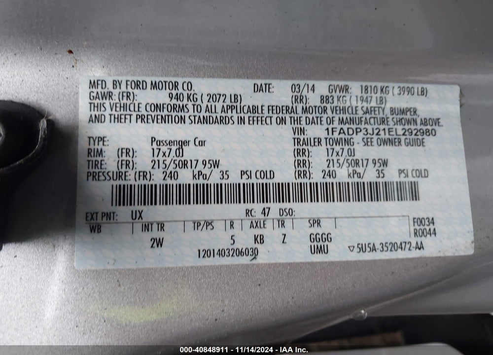 2014 FORD FOCUS TITANIUM VIN: 1FADP3J21EL292980