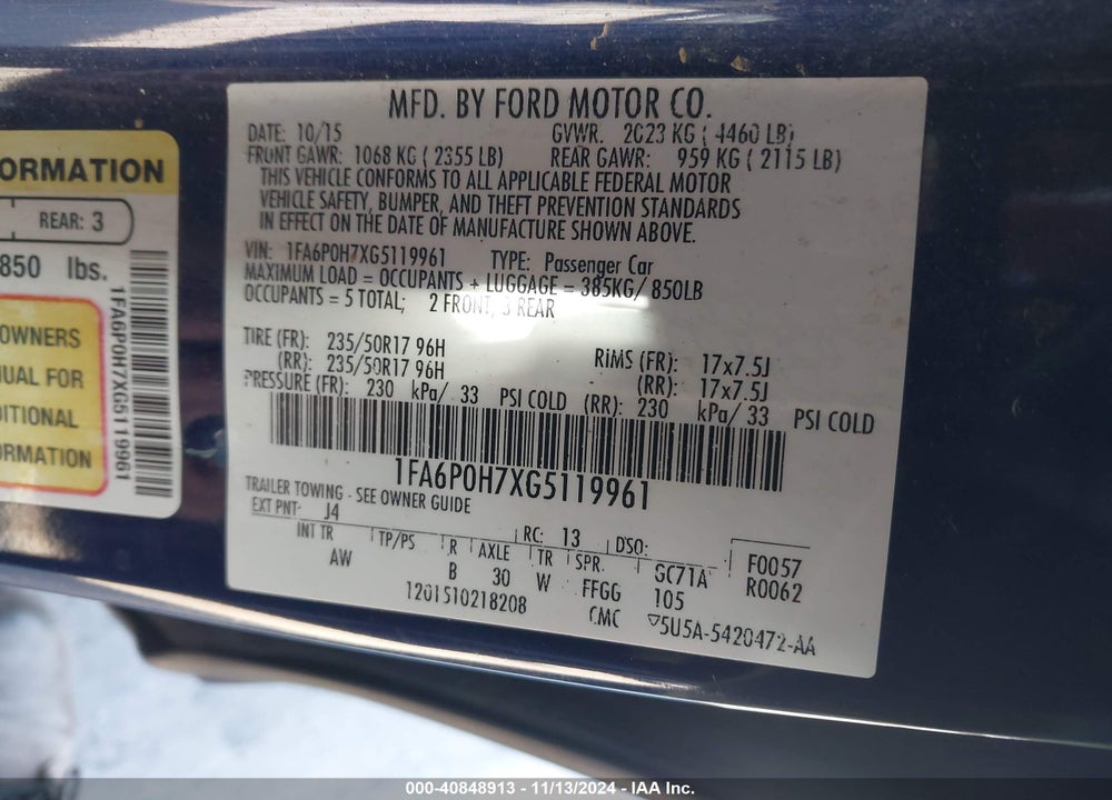 2016 FORD FUSION VIN: 1FA6P0H7XG5119961