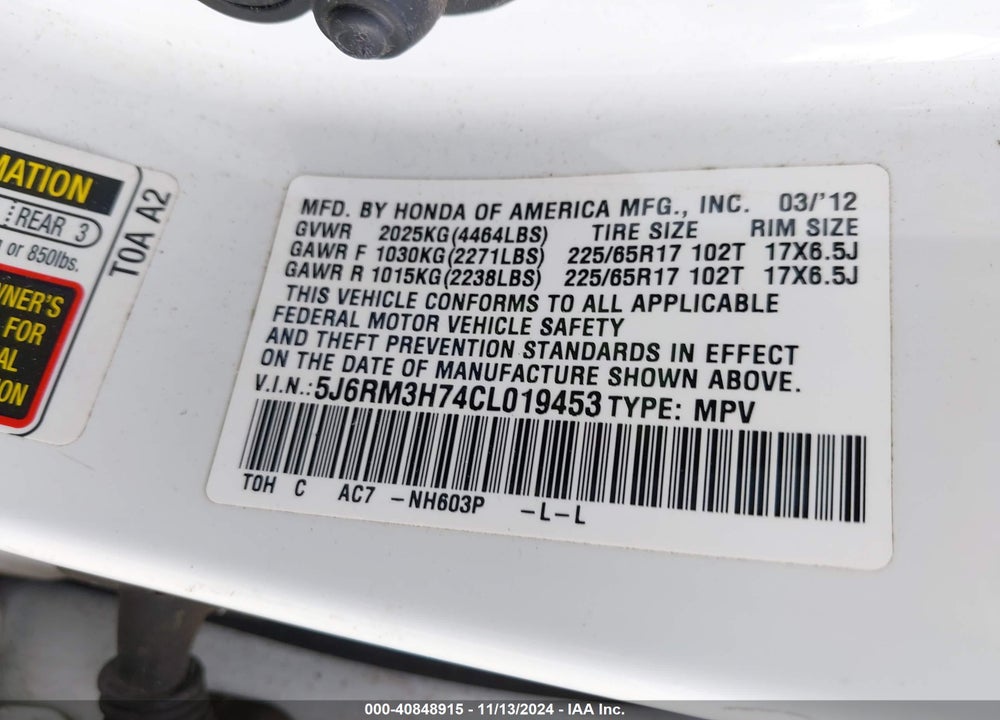 2012 HONDA CR-V EX-L VIN: 5J6RM3H74CL019453