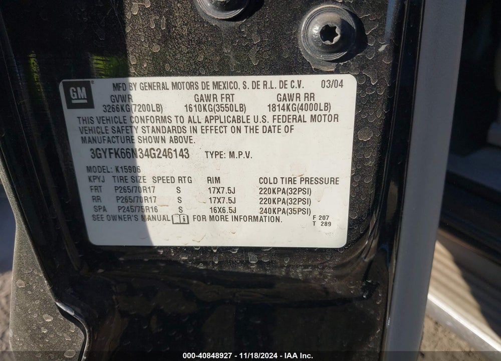 2004 CADILLAC ESCALADE ESV STANDARD VIN: 3GYFK66N34G246143