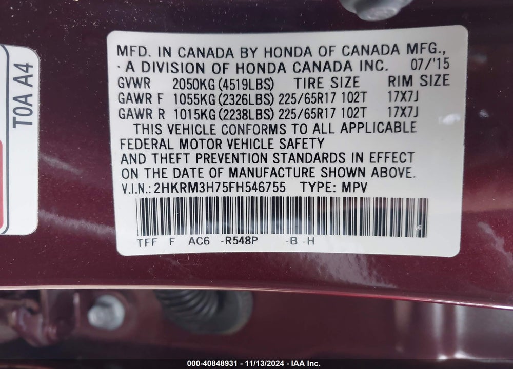 2015 HONDA CR-V EX-L VIN: 2HKRM3H75FH546755
