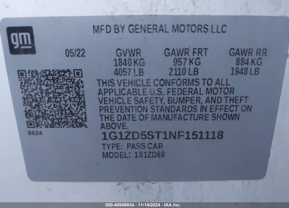 2022 CHEVROLET MALIBU FWD LT VIN: 1G1ZD5ST1NF151118