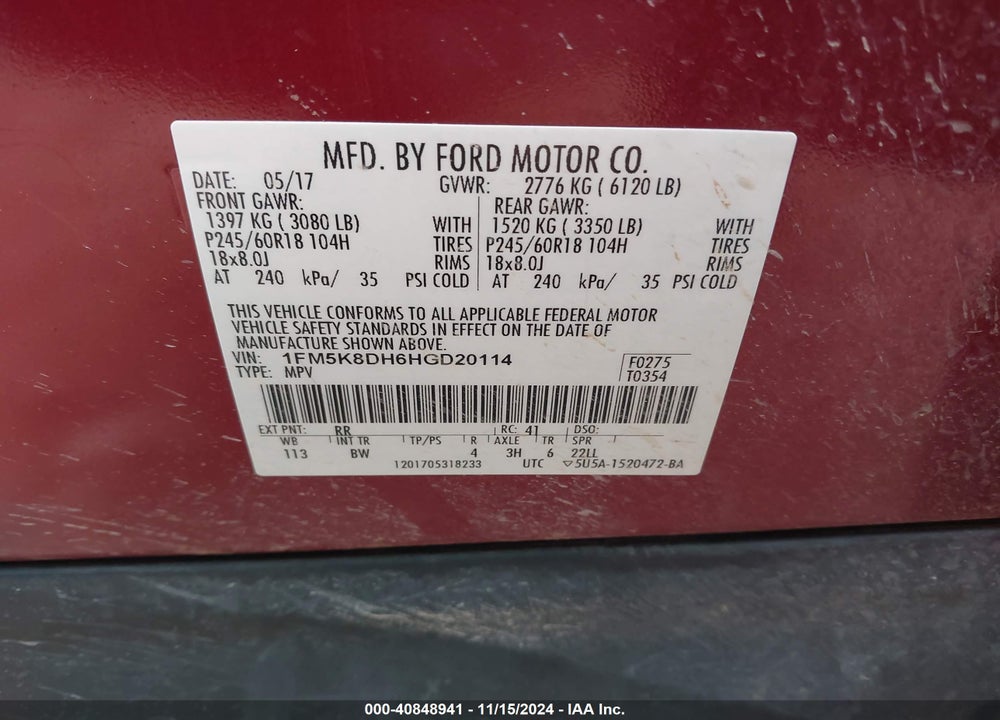 2017 FORD EXPLORER XLT VIN: 1FM5K8DH6HGD20114