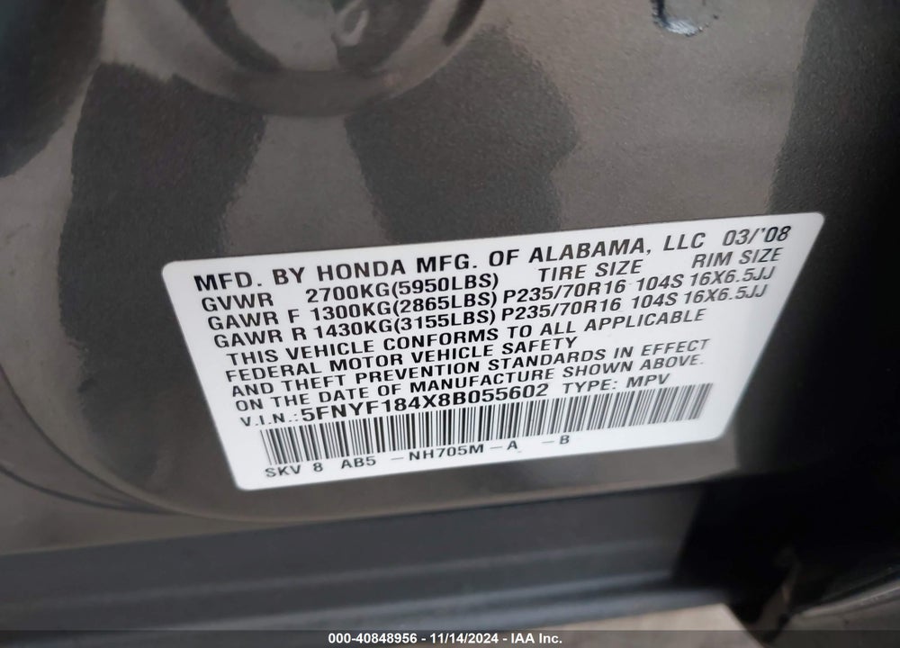2008 HONDA PILOT EX VIN: 5FNYF184X8B055602