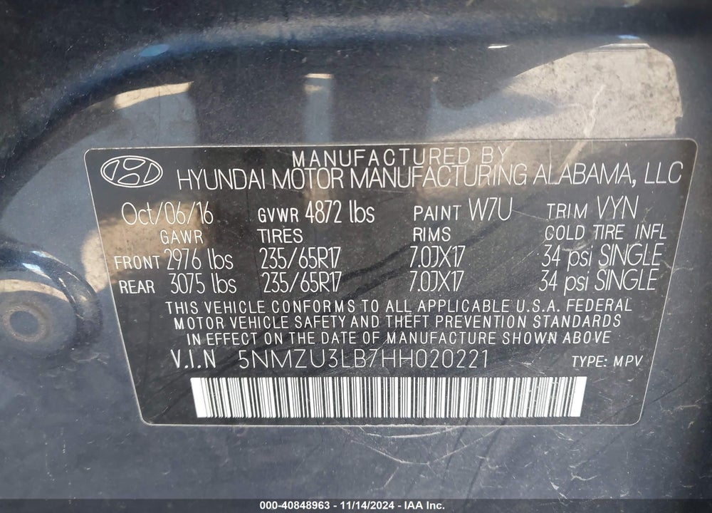 2017 HYUNDAI SANTA FE SPORT 2.4L VIN: 5NMZU3LB7HH020221