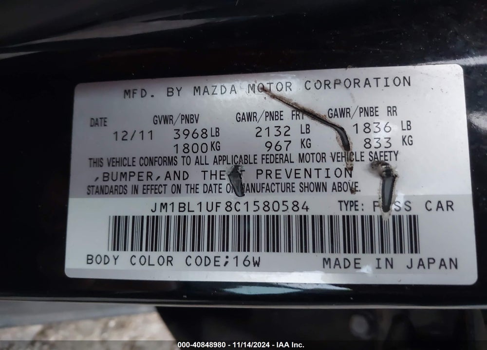 2012 MAZDA 3 I SPORT VIN: JM1BL1UF8C1580584