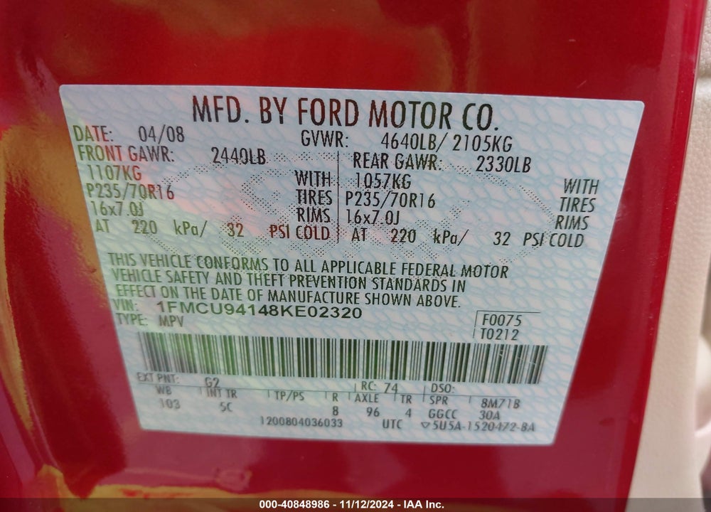 2008 FORD ESCAPE LIMITED VIN: 1FMCU94148KE02320