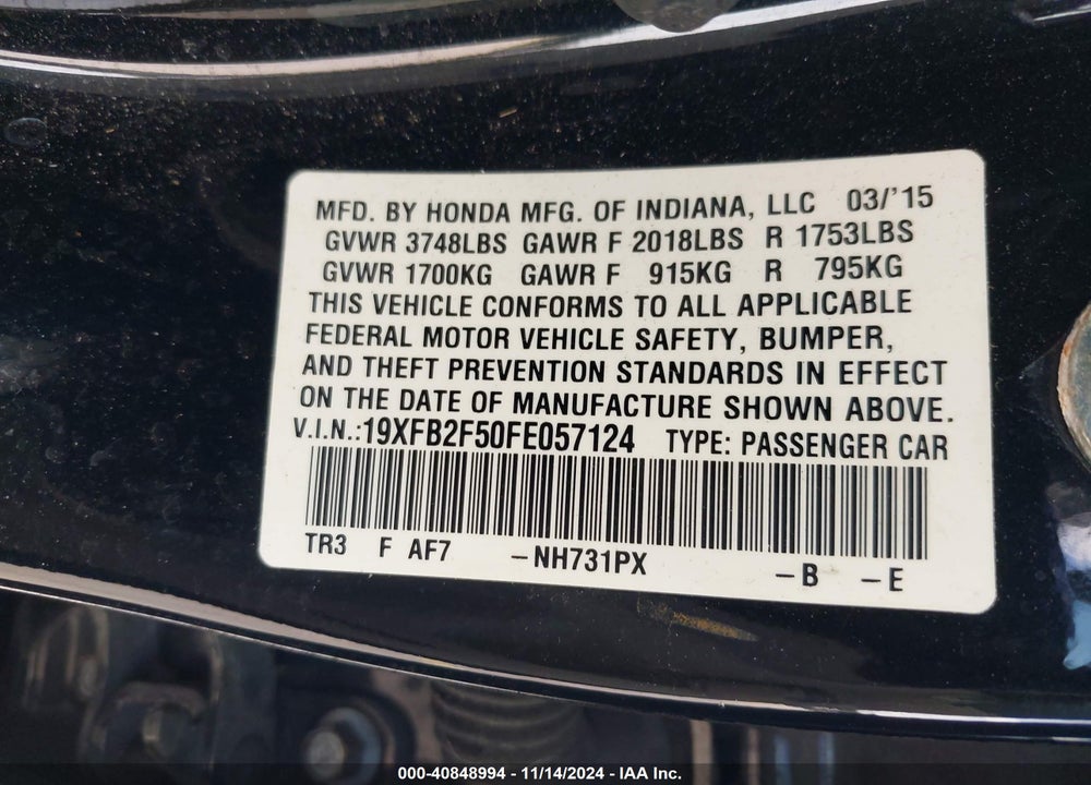 2015 HONDA CIVIC LX VIN: 19XFB2F50FE057124