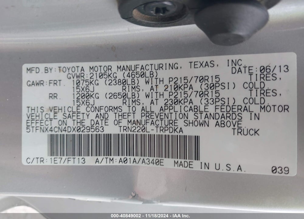 2013 TOYOTA TACOMA VIN: 5TFNX4CN4DX029563