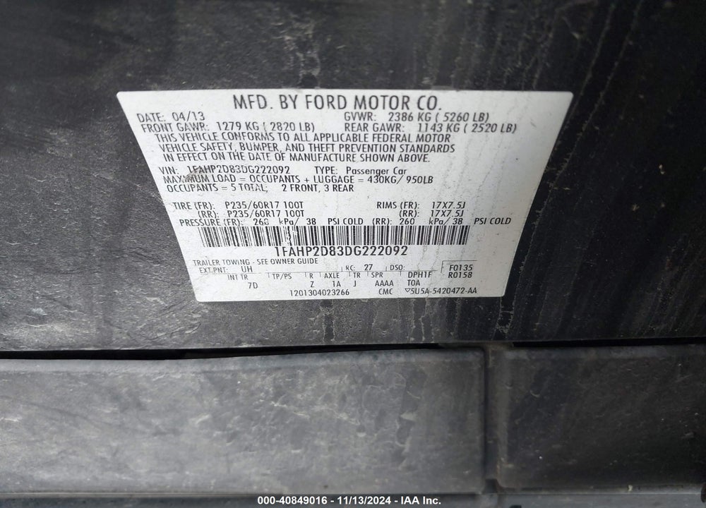 2013 FORD TAURUS SE VIN: 1FAHP2D83DG222092
