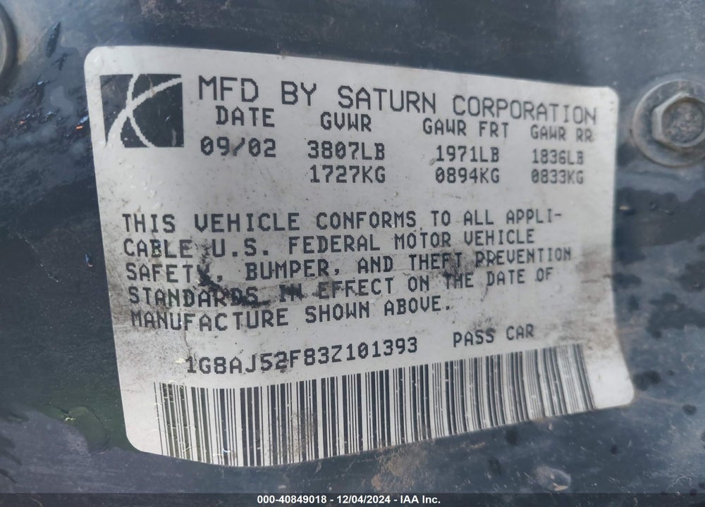 2003 SATURN ION 2 VIN: 1G8AJ52F83Z101393