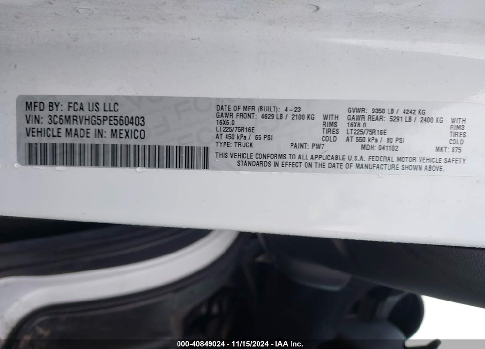 2023 RAM PROMASTER 3500 HIGH ROOF 159 WB VIN: 3C6MRVHG5PE560403