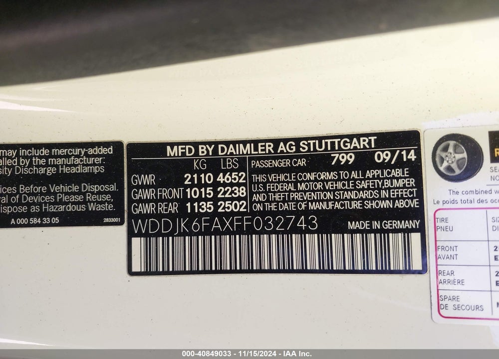 2015 MERCEDES-BENZ SL 400 VIN: WDDJK6FAXFF032743
