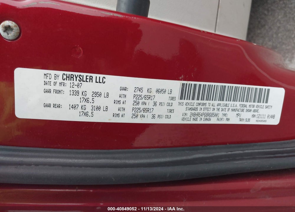 2008 CHRYSLER TOWN & COUNTRY TOURING VIN: 2A8HR54P68R685001