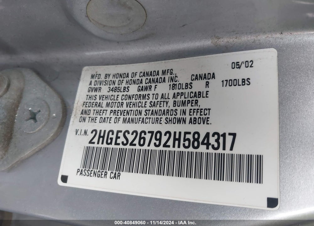 2002 HONDA CIVIC EX VIN: 2HGES26792H584317