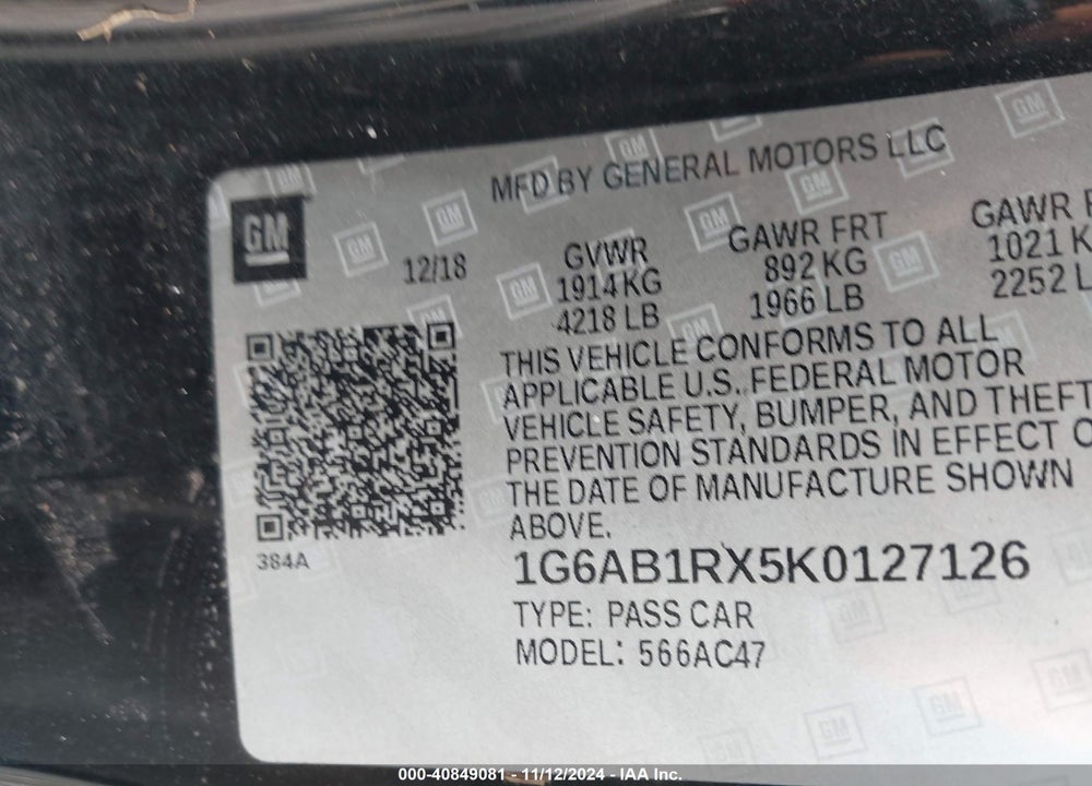 2019 CADILLAC ATS LUXURY VIN: 1G6AB1RX5K0127126