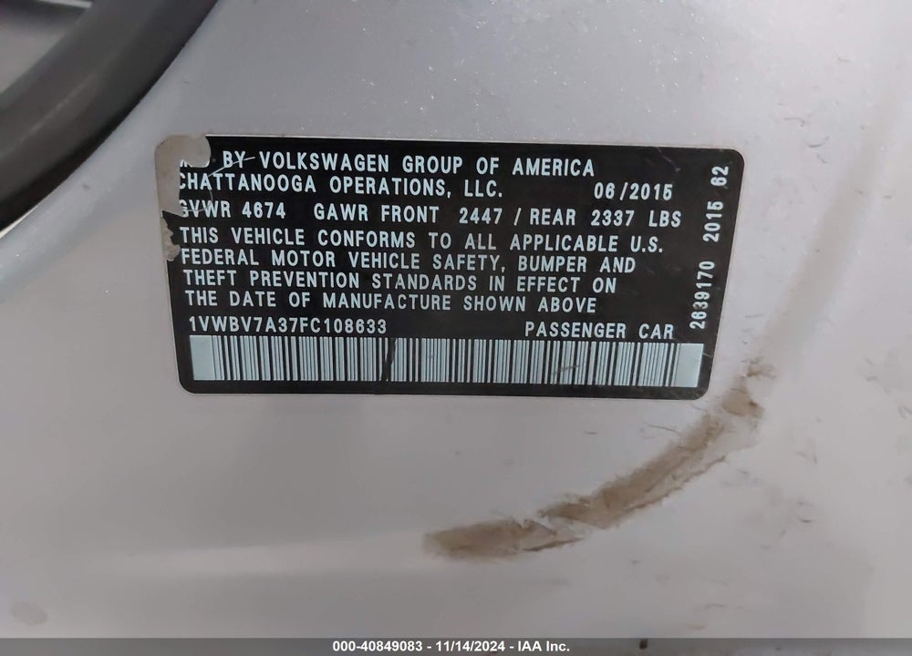 2015 VOLKSWAGEN PASSAT 2.0L TDI SE VIN: 1VWBV7A37FC108633