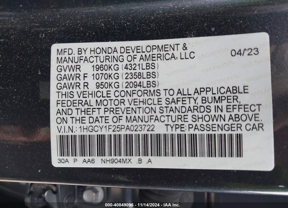 2023 HONDA ACCORD LX VIN: 1HGCY1F25PA023722