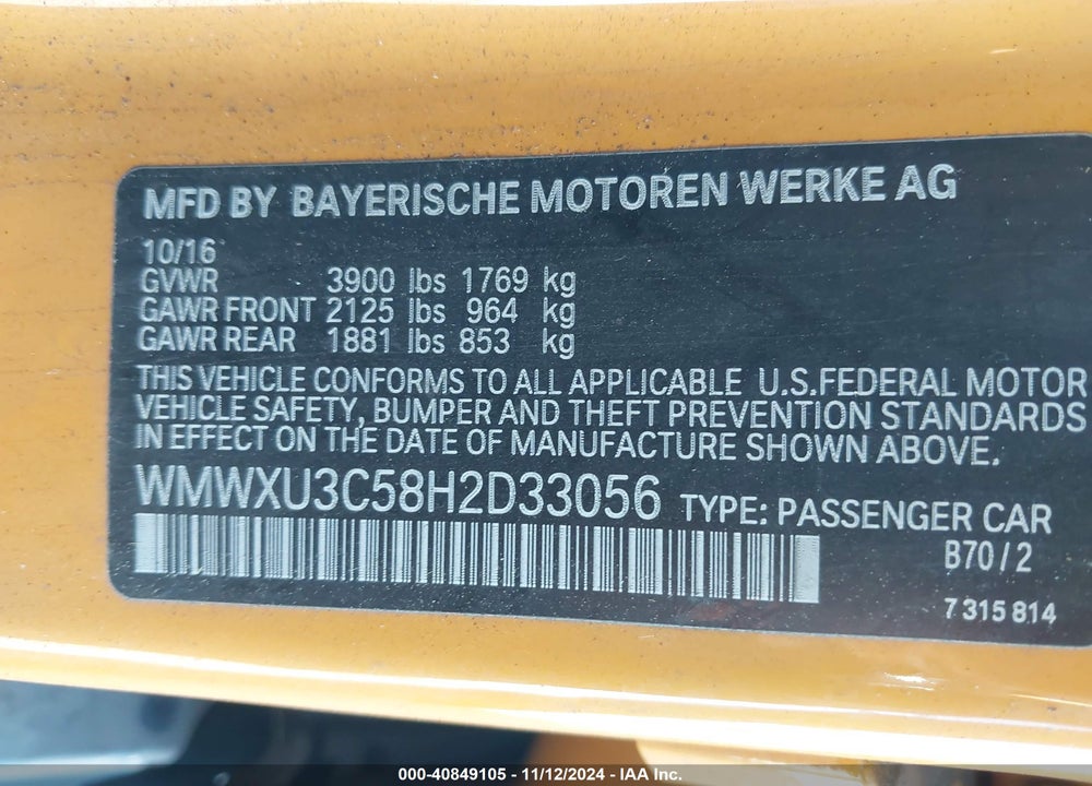 2017 MINI HARDTOP COOPER S VIN: WMWXU3C58H2D33056