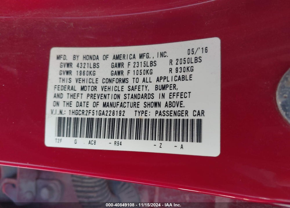 2016 HONDA ACCORD SPORT VIN: 1HGCR2F51GA228192