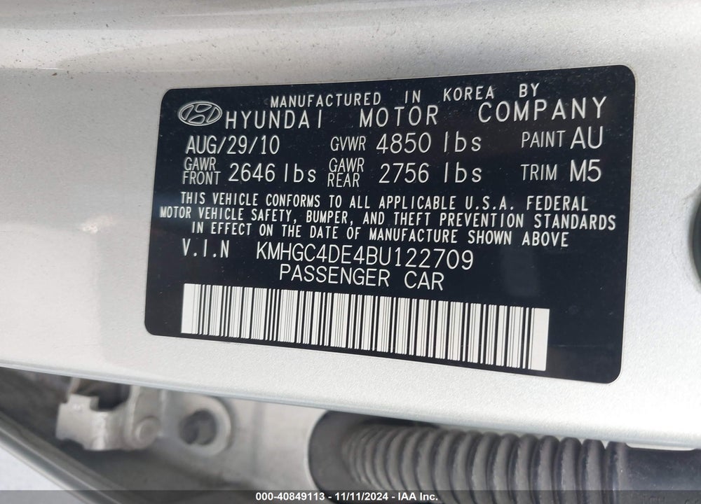 2011 HYUNDAI GENESIS 3.8 VIN: KMHGC4DE4BU122709