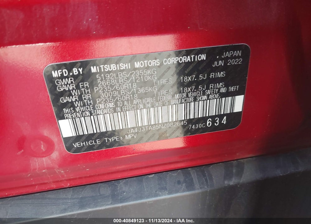 2022 MITSUBISHI OUTLANDER VIN: JA4J3TA85NZ082645