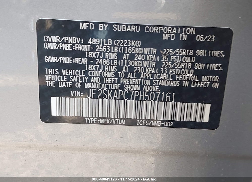 2023 SUBARU FORESTER LIMITED VIN: JF2SKAPC7PH507161