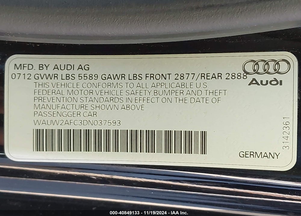 2013 AUDI S7 4.0T PRESTIGE VIN: WAUW2AFC3DN037593
