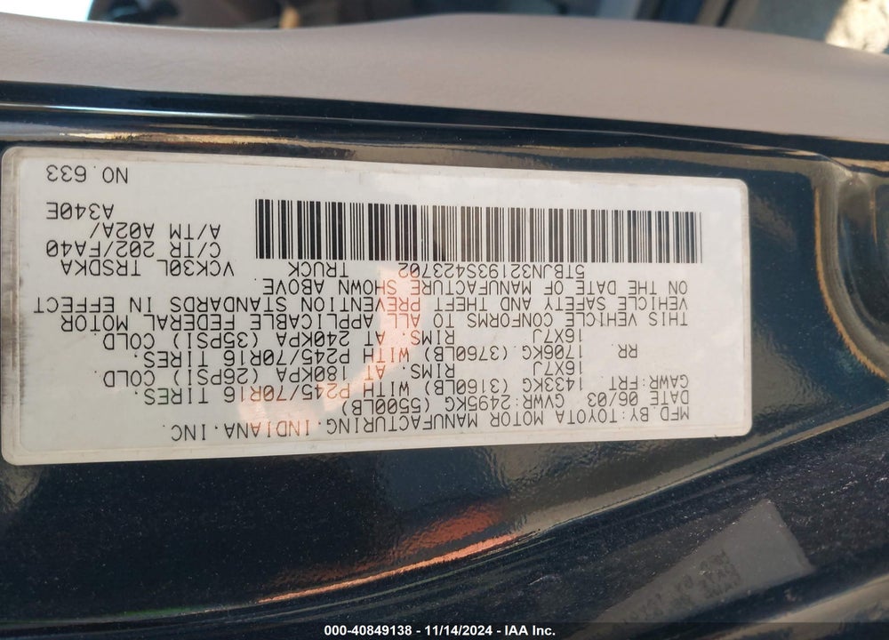 2003 TOYOTA TUNDRA VIN: 5TBJN32193S423702