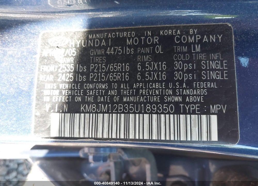 2005 HYUNDAI TUCSON GL VIN: KM8JM12B35U189350