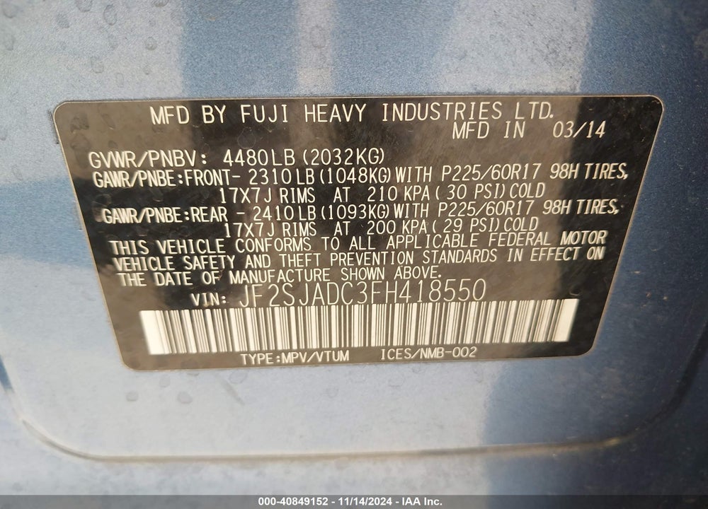 2015 SUBARU FORESTER VIN: JF2SJADC3FH418550