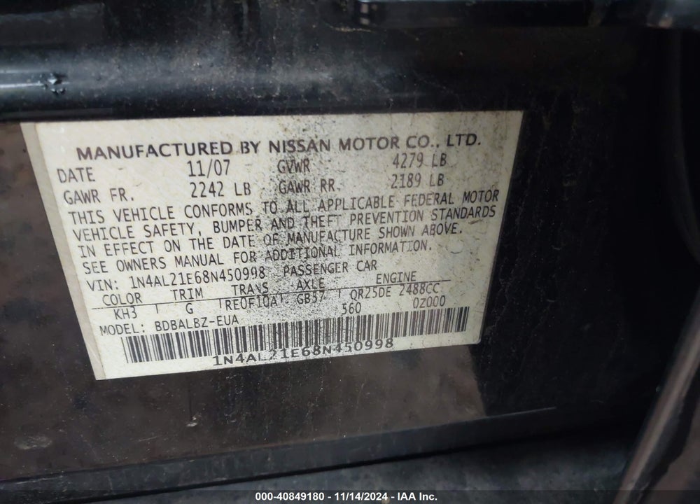 2008 NISSAN ALTIMA 2.5 S VIN: 1N4AL21E68N450998