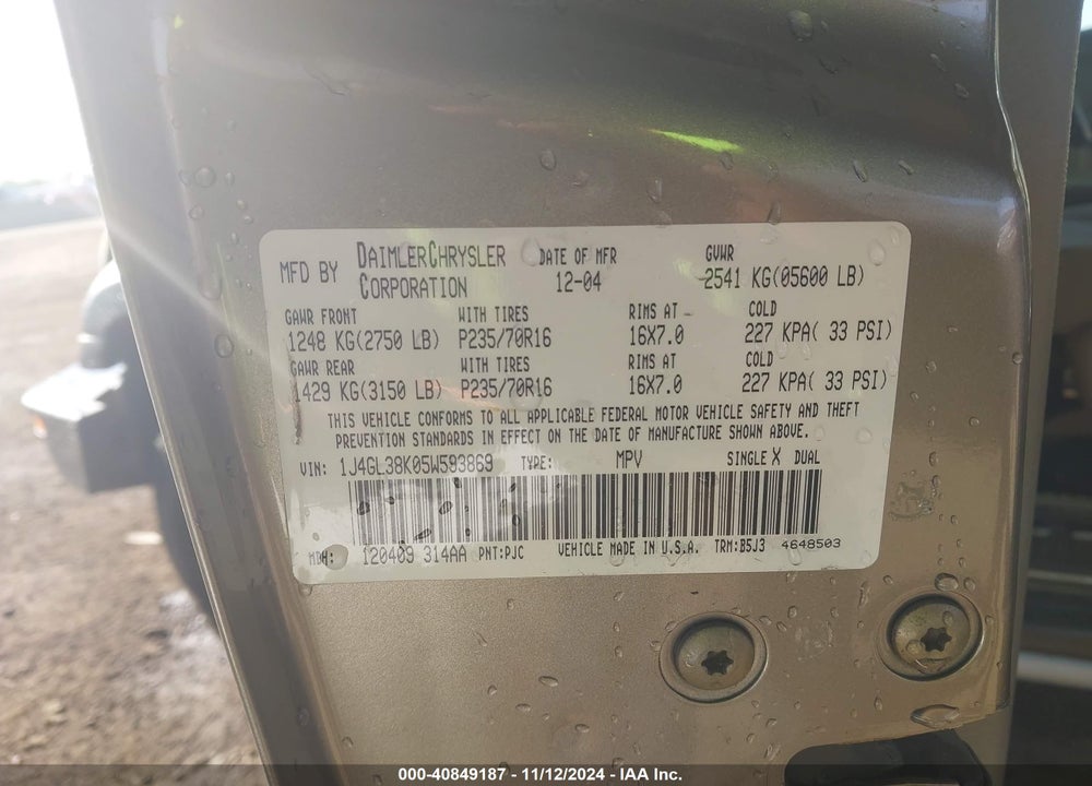 2005 JEEP LIBERTY RENEGADE VIN: 1J4GL38K05W593869