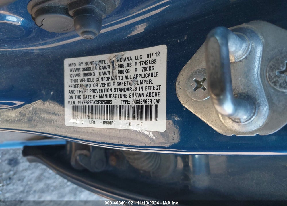 2012 HONDA CIVIC LX VIN: 19XFB2F5XCE326905