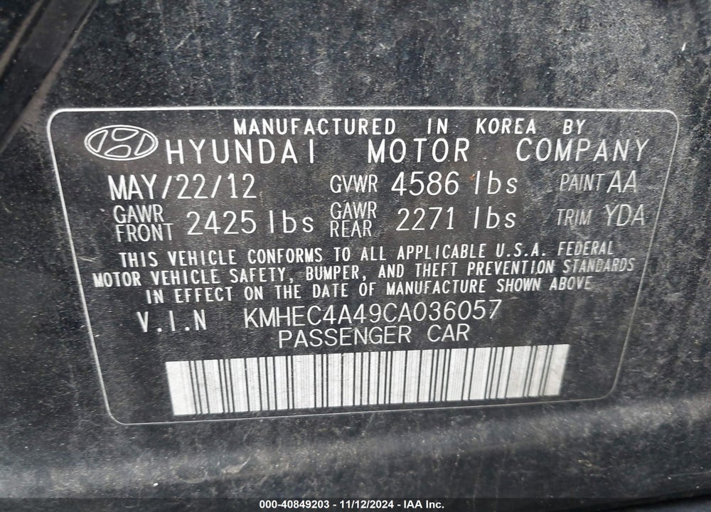 2012 HYUNDAI SONATA HYBRID VIN: KMHEC4A49CA036057