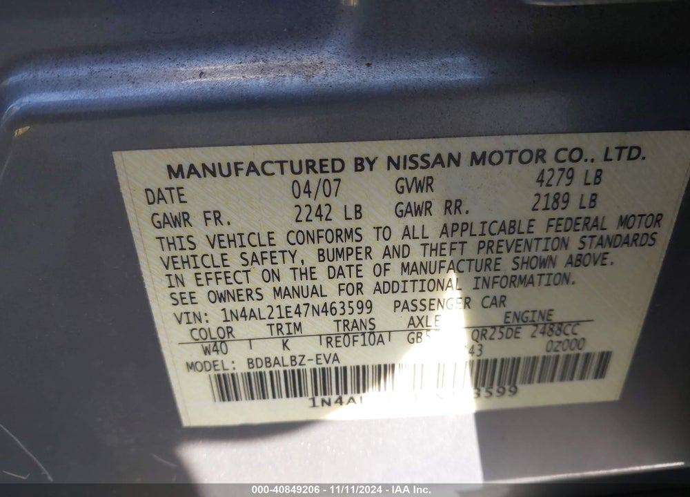 2007 NISSAN ALTIMA 2.5 S VIN: 1N4AL21E47N463599