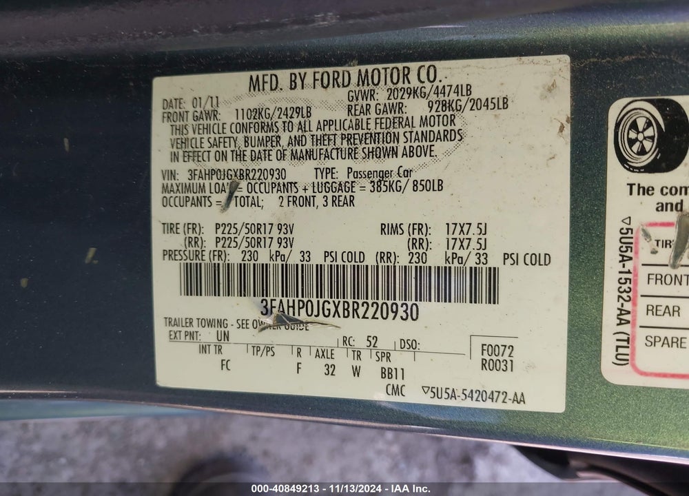 2011 FORD FUSION SEL VIN: 3FAHP0JGXBR220930