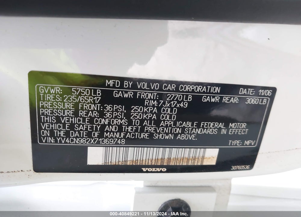 2007 VOLVO XC90 3.2 VIN: YV4CN982X71369748