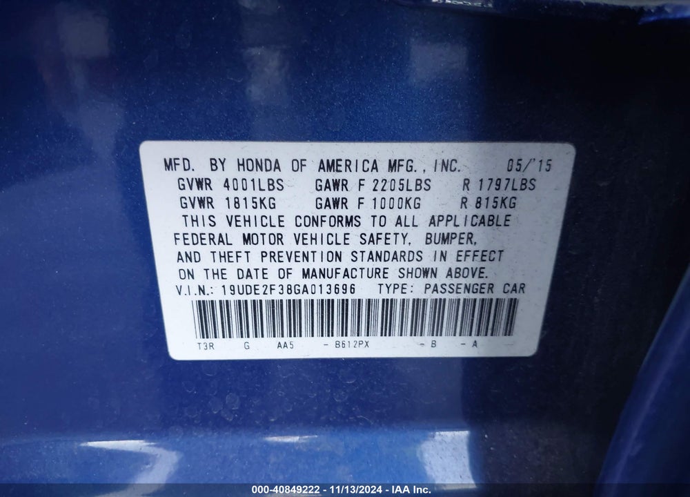 2016 ACURA ILX VIN: 19UDE2F38GA013696