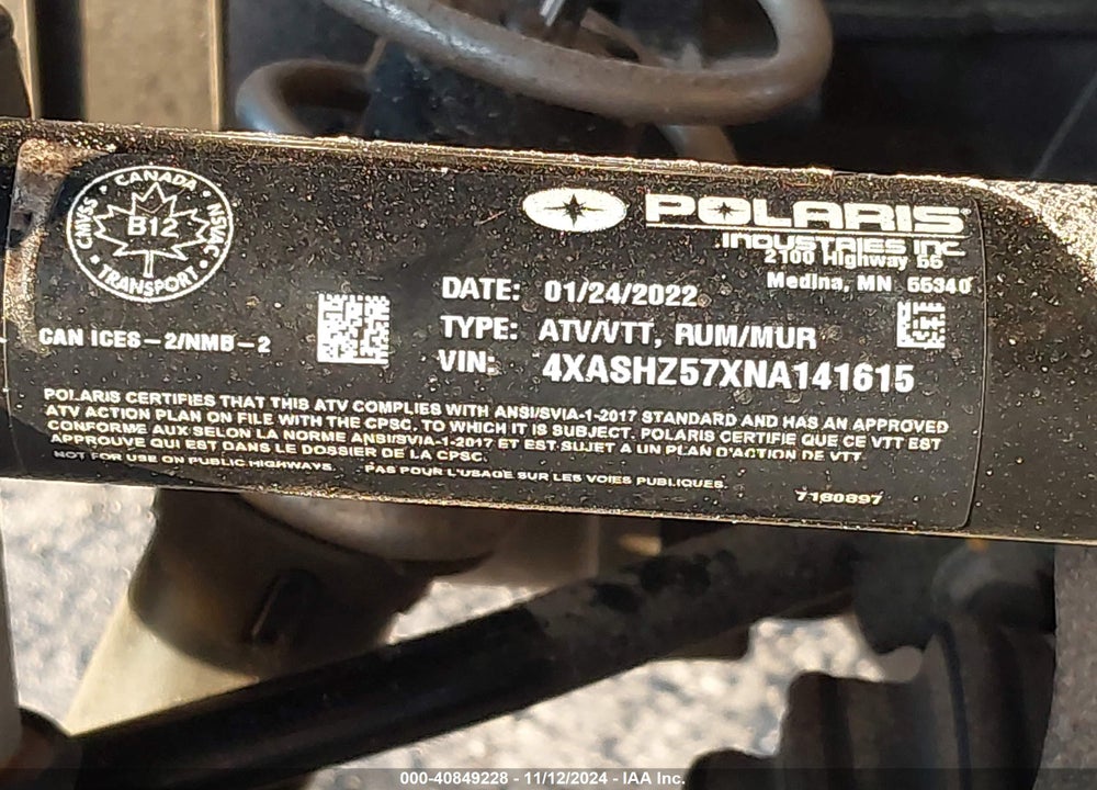 2022 POLARIS SPORTSMAN 570 ULTIMATE TRAIL LE VIN: 4XASHZ57XNA141615