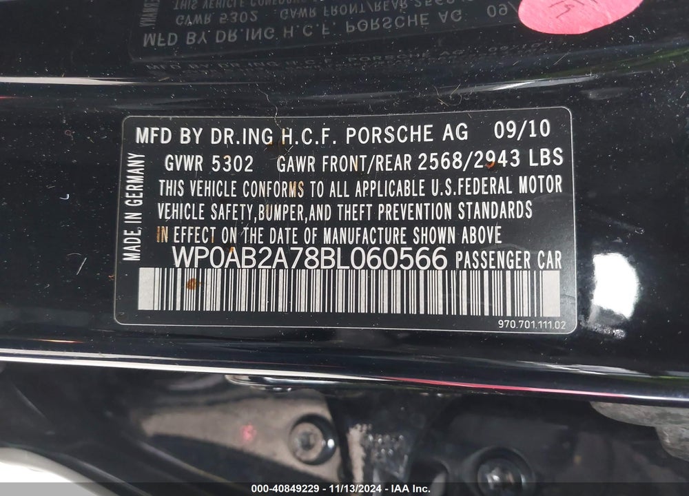 2011 PORSCHE PANAMERA S VIN: WP0AB2A78BL060566