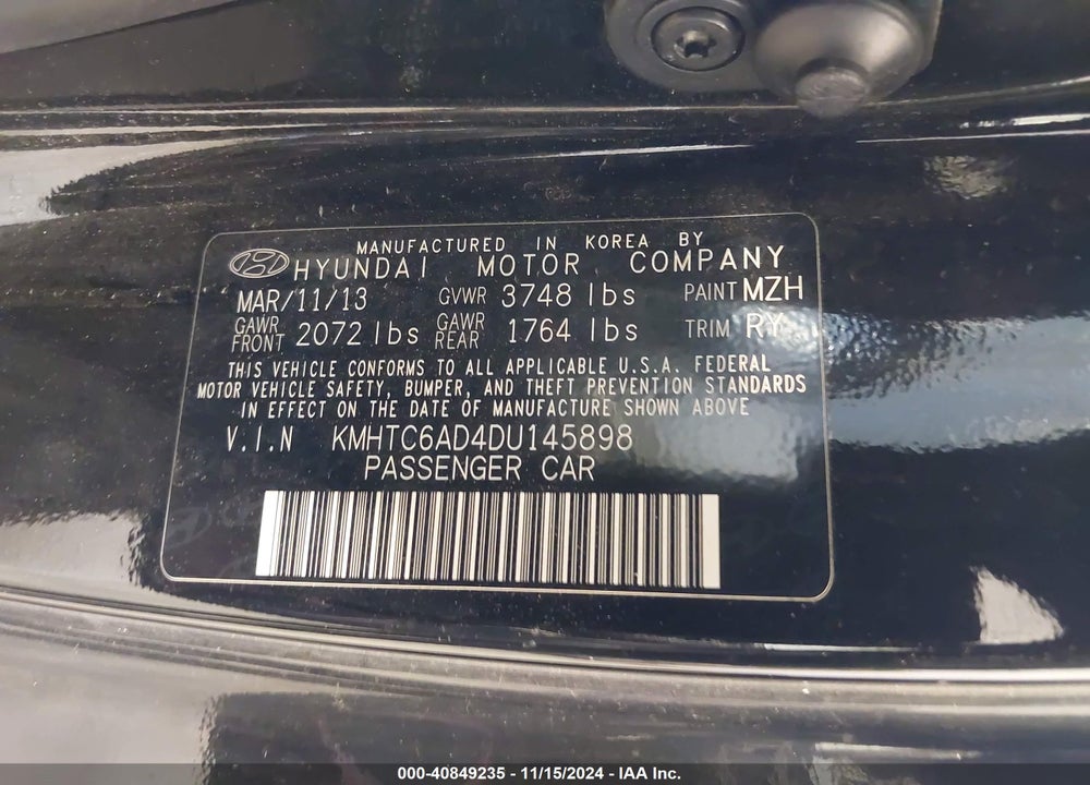 2013 HYUNDAI VELOSTER BASE W/GRAY VIN: KMHTC6AD4DU145898