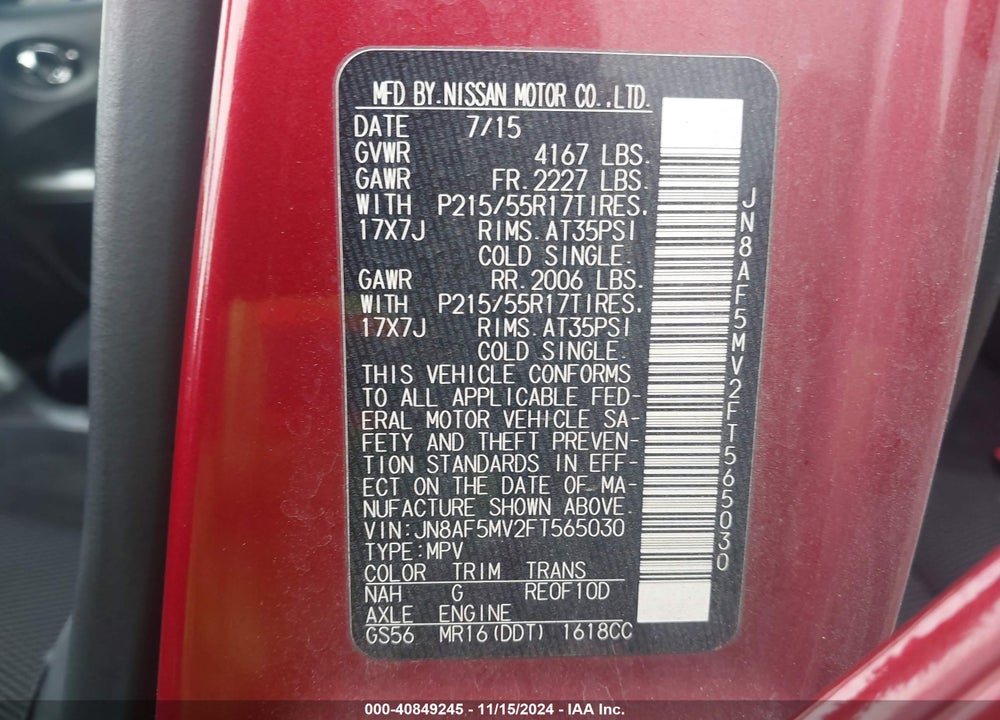 2015 NISSAN JUKE S VIN: JN8AF5MV2FT565030