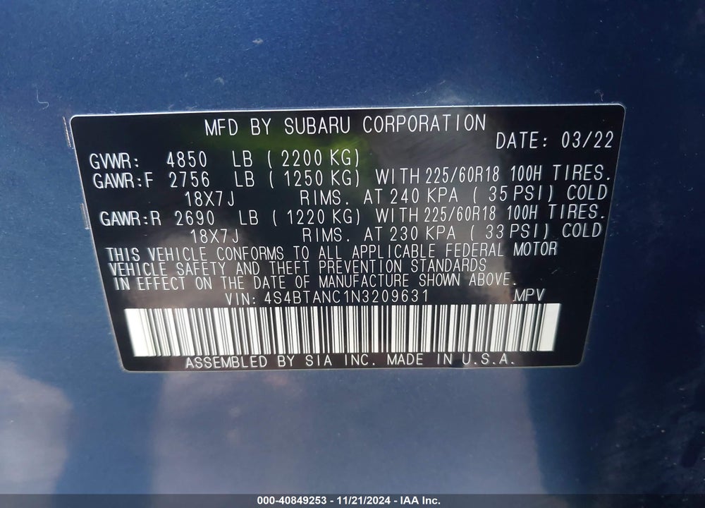 2022 SUBARU OUTBACK LIMITED VIN: 4S4BTANC1N3209631