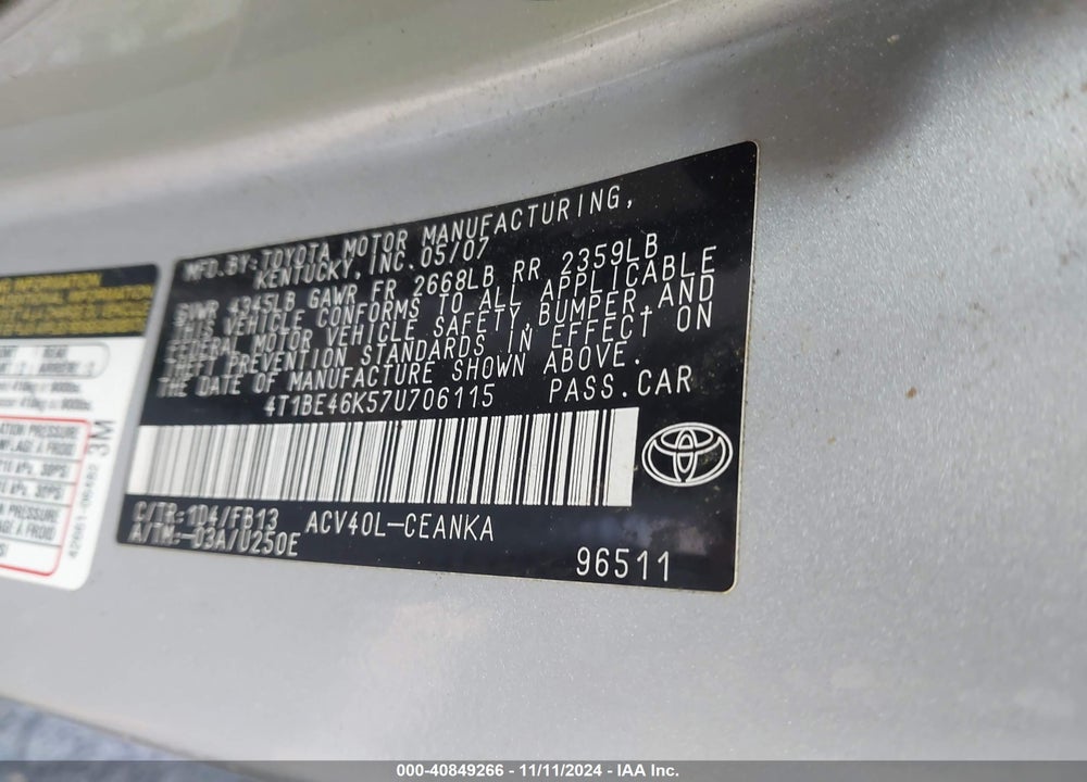 2007 TOYOTA CAMRY LE VIN: 4T1BE46K57U706115