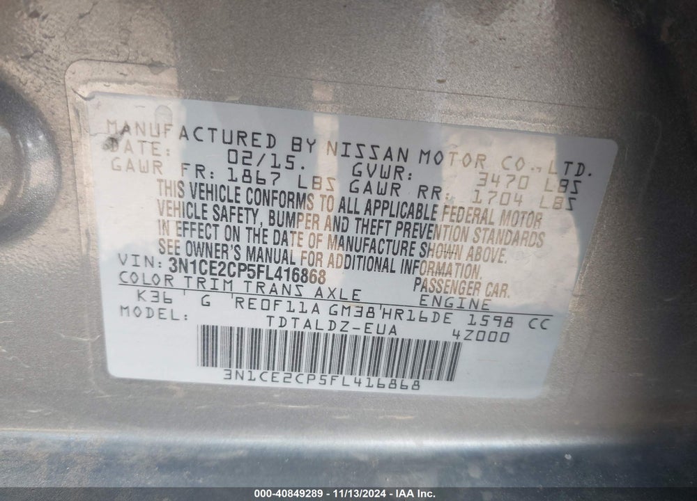 2015 NISSAN VERSA NOTE VIN: 3N1CE2CP5FL416868