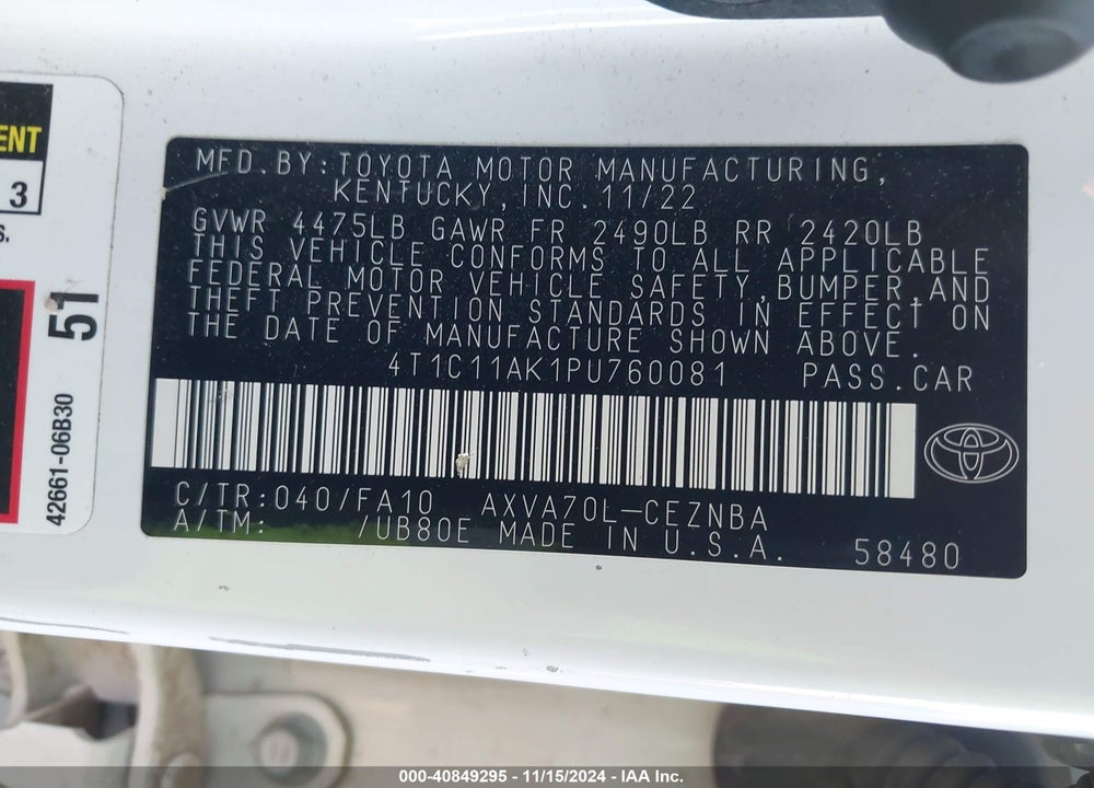2023 TOYOTA CAMRY LE VIN: 4T1C11AK1PU760081