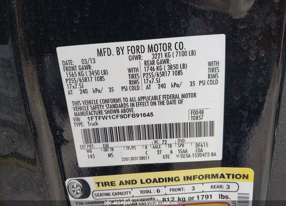 2013 FORD F-150 XLT VIN: 1FTFW1CF9DFB91645