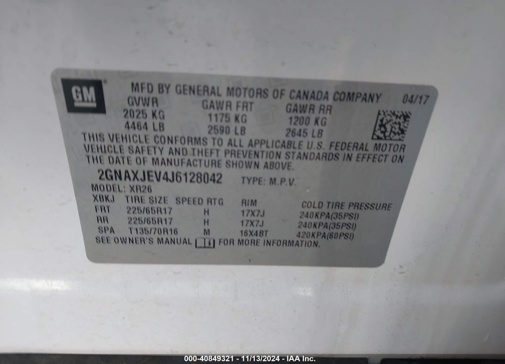 2018 CHEVROLET EQUINOX LT VIN: 2GNAXJEV4J6128042