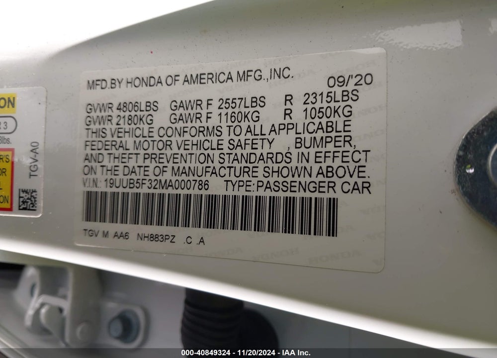 2021 ACURA TLX VIN: 19UUB5F32MA000786